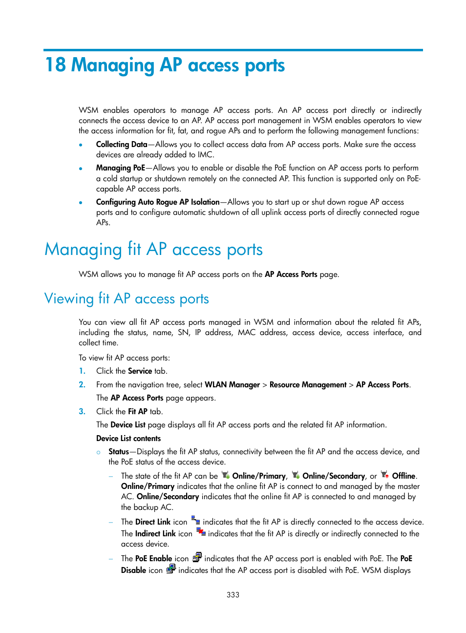 18 managing ap access ports, Managing fit ap access ports, Viewing fit ap access ports | H3C Technologies H3C Intelligent Management Center User Manual | Page 355 / 751