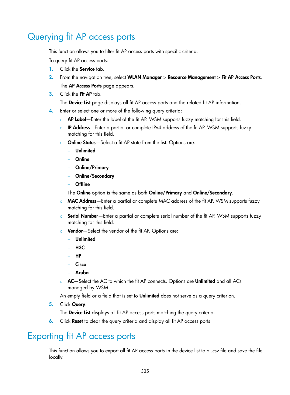 Querying fit ap access ports, Exporting fit ap access ports | H3C Technologies H3C Intelligent Management Center User Manual | Page 357 / 751
