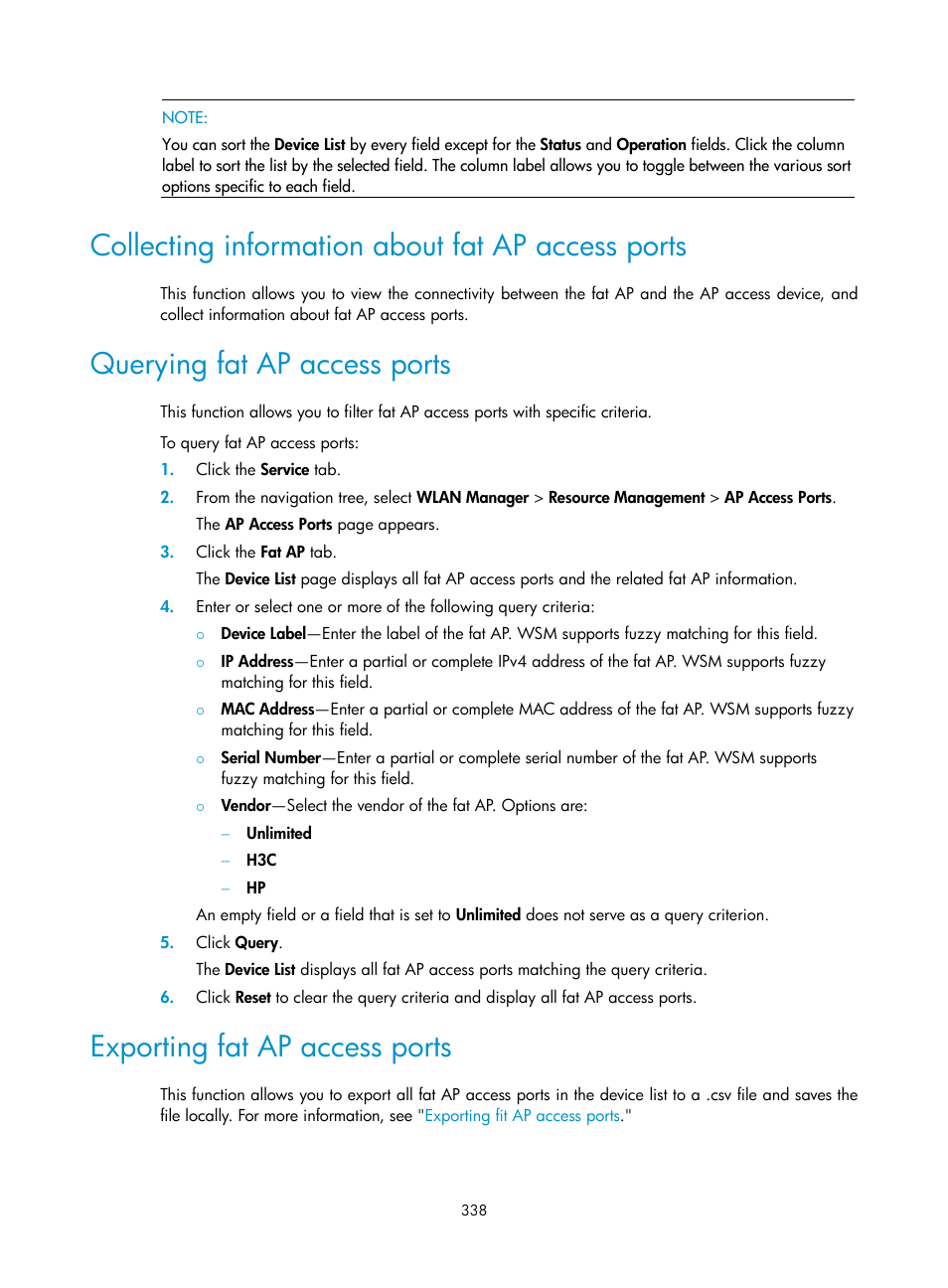 Collecting information about fat ap access ports, Querying fat ap access ports, Exporting fat ap access ports | H3C Technologies H3C Intelligent Management Center User Manual | Page 360 / 751