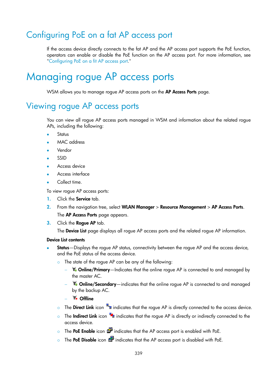 Configuring poe on a fat ap access port, Managing rogue ap access ports, Viewing rogue ap access ports | H3C Technologies H3C Intelligent Management Center User Manual | Page 361 / 751