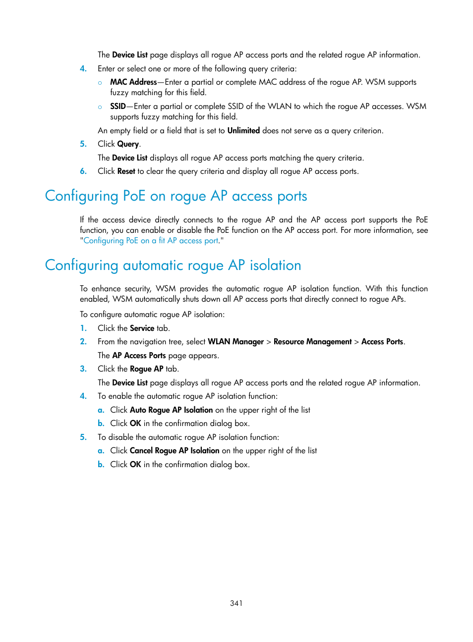 Configuring poe on rogue ap access ports, Configuring automatic rogue ap isolation | H3C Technologies H3C Intelligent Management Center User Manual | Page 363 / 751