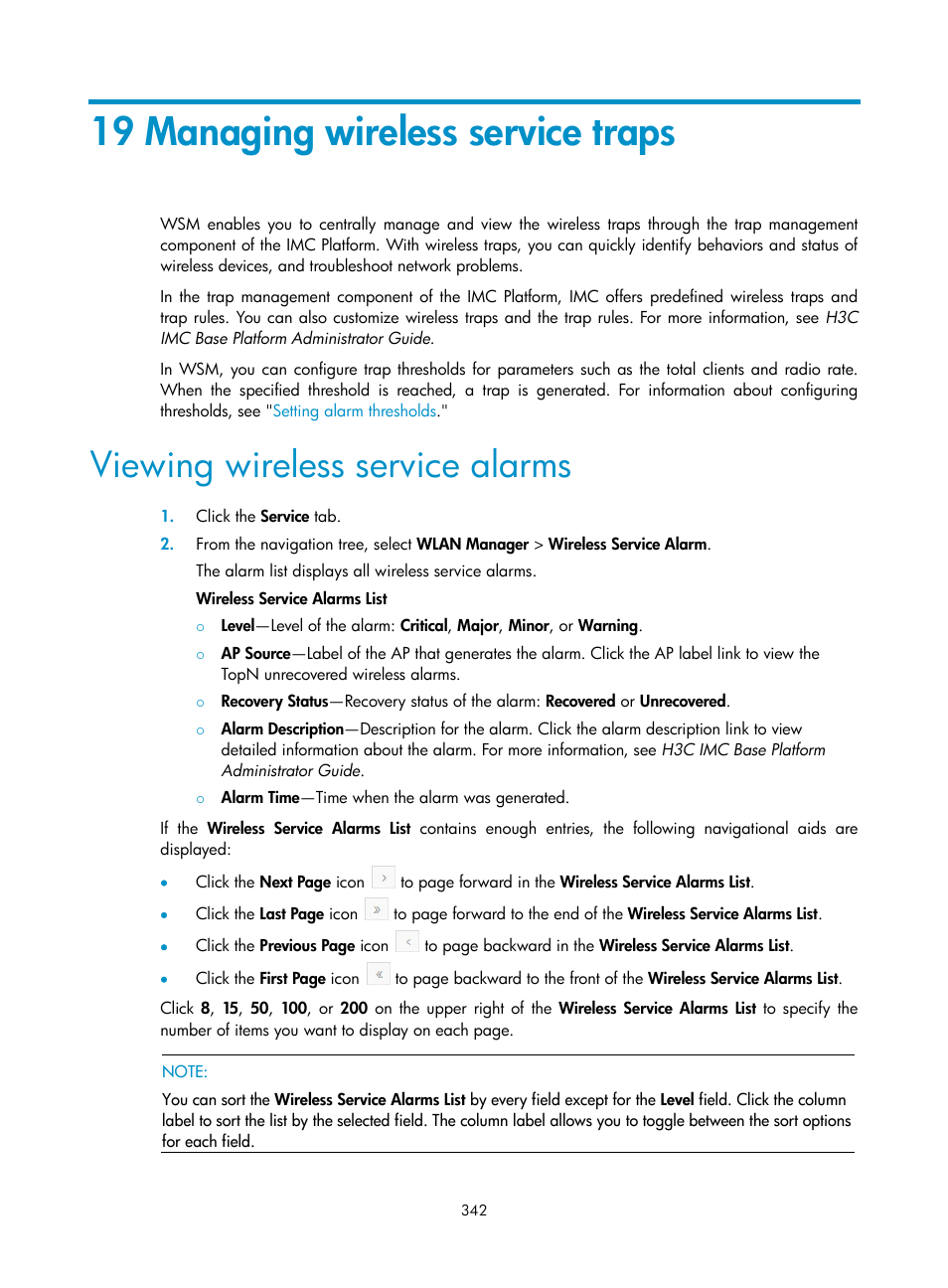 19 managing wireless service traps, Viewing wireless service alarms, Viewing wireless service | Alarms | H3C Technologies H3C Intelligent Management Center User Manual | Page 364 / 751