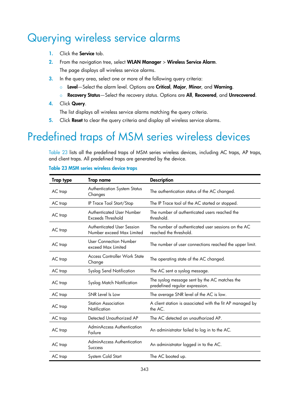 Querying wireless service alarms, Predefined traps of msm series wireless devices | H3C Technologies H3C Intelligent Management Center User Manual | Page 365 / 751