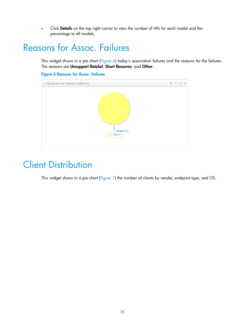 Reasons for assoc. failures, Client distribution | H3C Technologies H3C Intelligent Management Center User Manual | Page 37 / 751