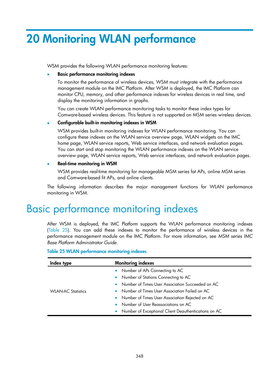 20 monitoring wlan performance, Basic performance monitoring indexes | H3C Technologies H3C Intelligent Management Center User Manual | Page 370 / 751