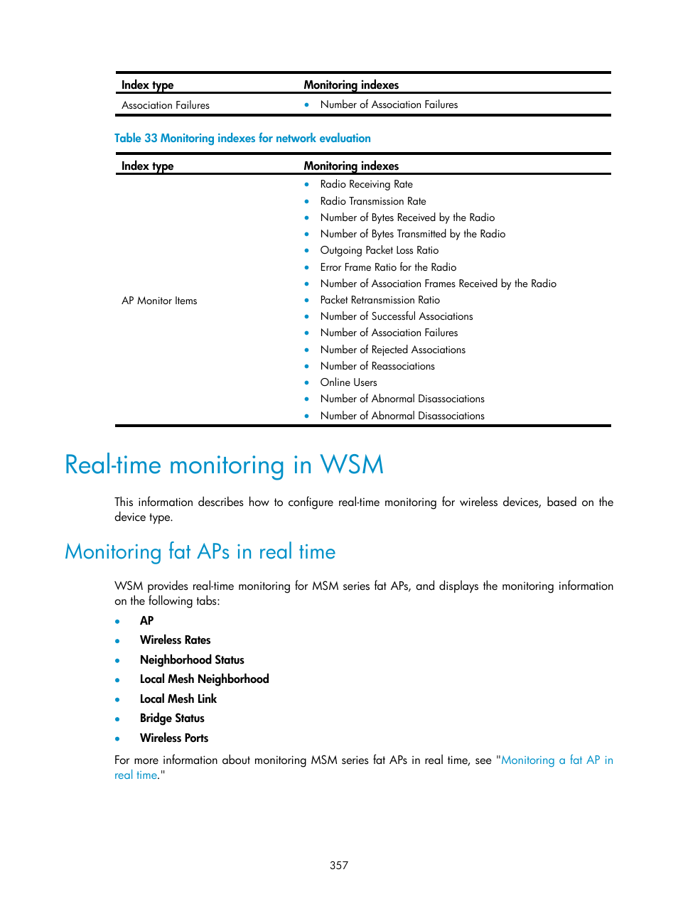 Real-time monitoring in wsm, Monitoring fat aps in real time, Table 33 | H3C Technologies H3C Intelligent Management Center User Manual | Page 379 / 751