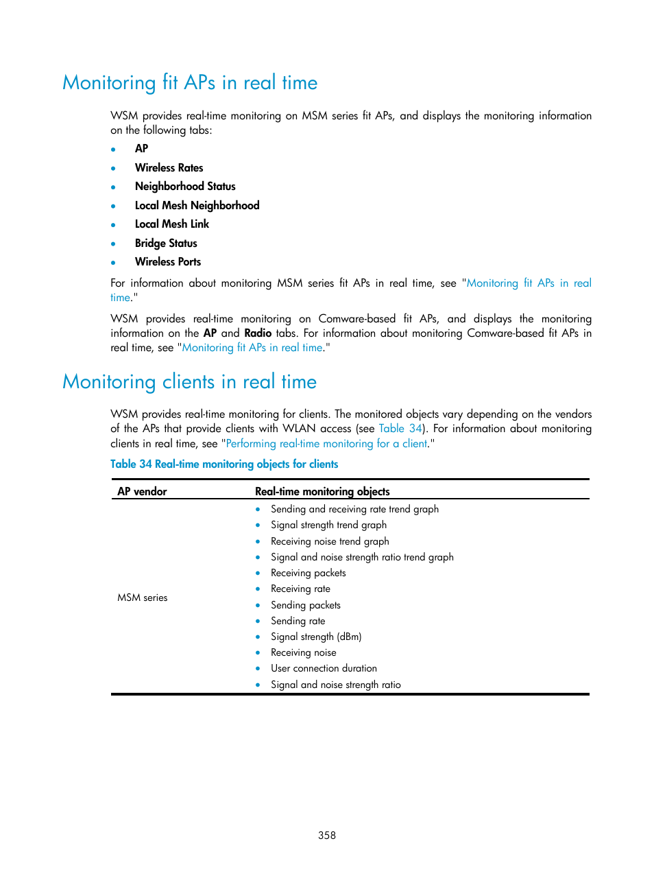 Monitoring fit aps in real time, Monitoring clients in real time | H3C Technologies H3C Intelligent Management Center User Manual | Page 380 / 751