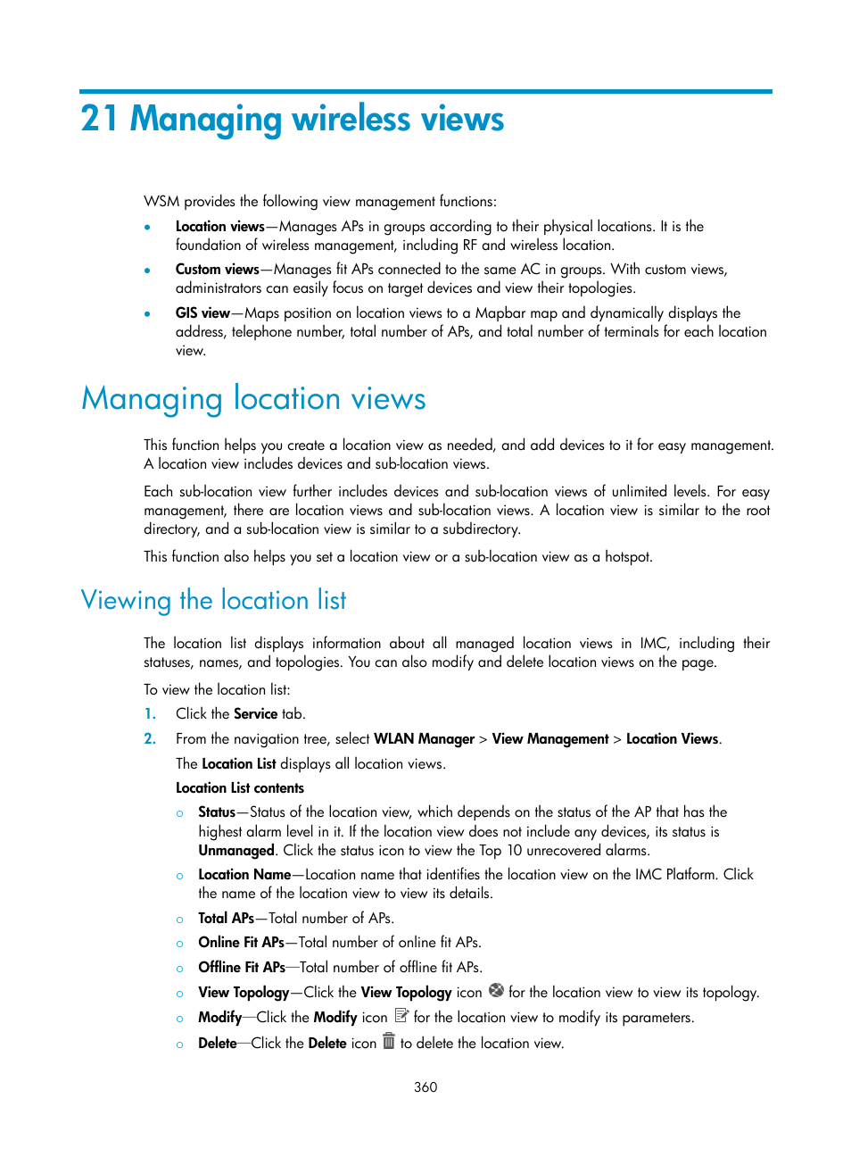 21 managing wireless views, Managing location views, Viewing the location list | H3C Technologies H3C Intelligent Management Center User Manual | Page 382 / 751