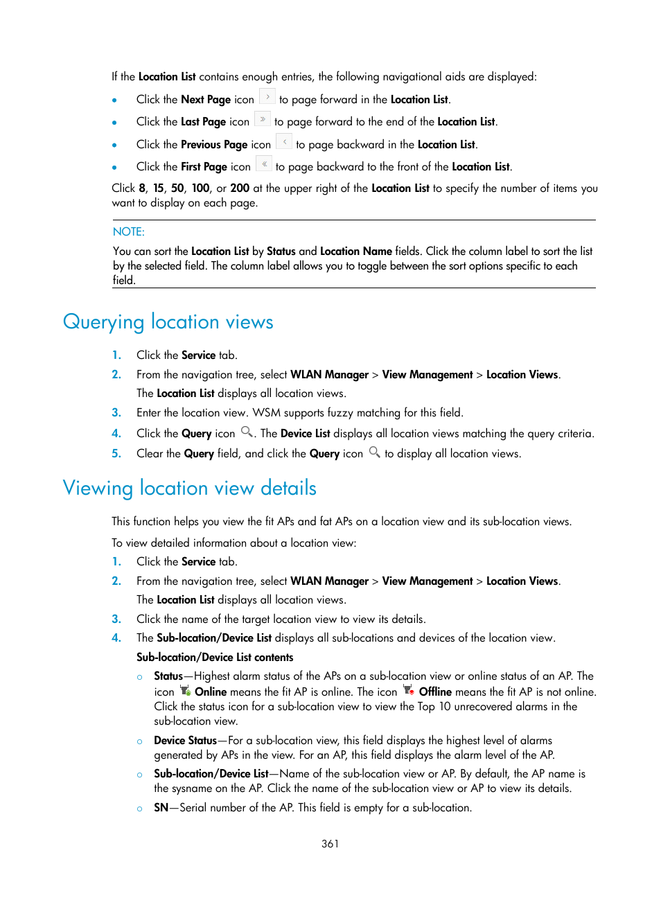 Querying location views, Viewing location view details | H3C Technologies H3C Intelligent Management Center User Manual | Page 383 / 751