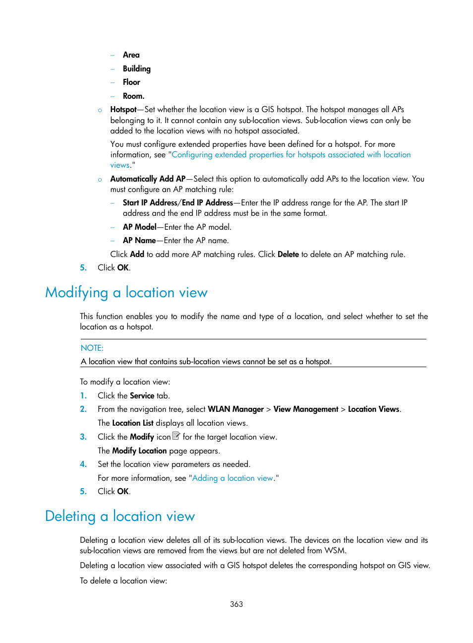 Modifying a location view, Deleting a location view | H3C Technologies H3C Intelligent Management Center User Manual | Page 385 / 751