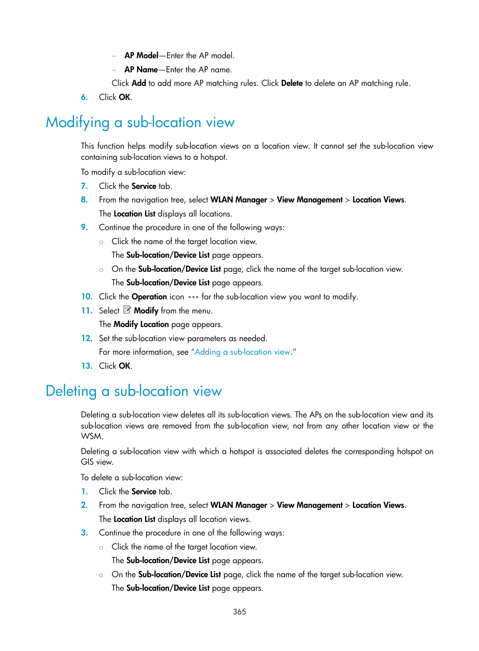 Modifying a sub-location view, Deleting a sub-location view | H3C Technologies H3C Intelligent Management Center User Manual | Page 387 / 751