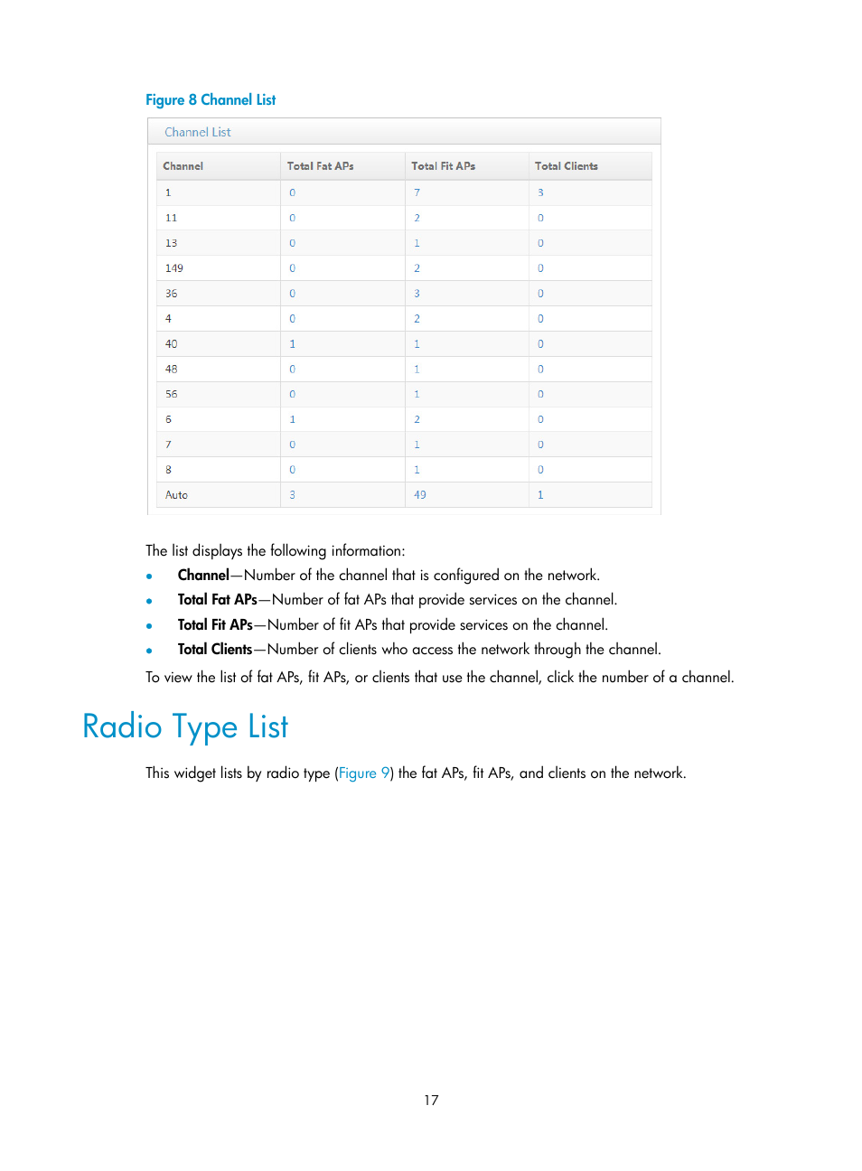 Radio type list | H3C Technologies H3C Intelligent Management Center User Manual | Page 39 / 751