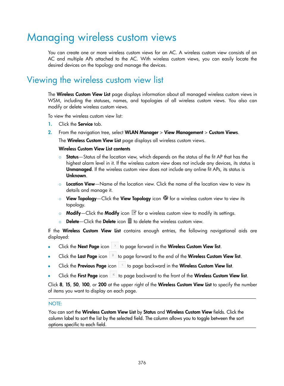 Managing wireless custom views, Viewing the wireless custom view list | H3C Technologies H3C Intelligent Management Center User Manual | Page 398 / 751