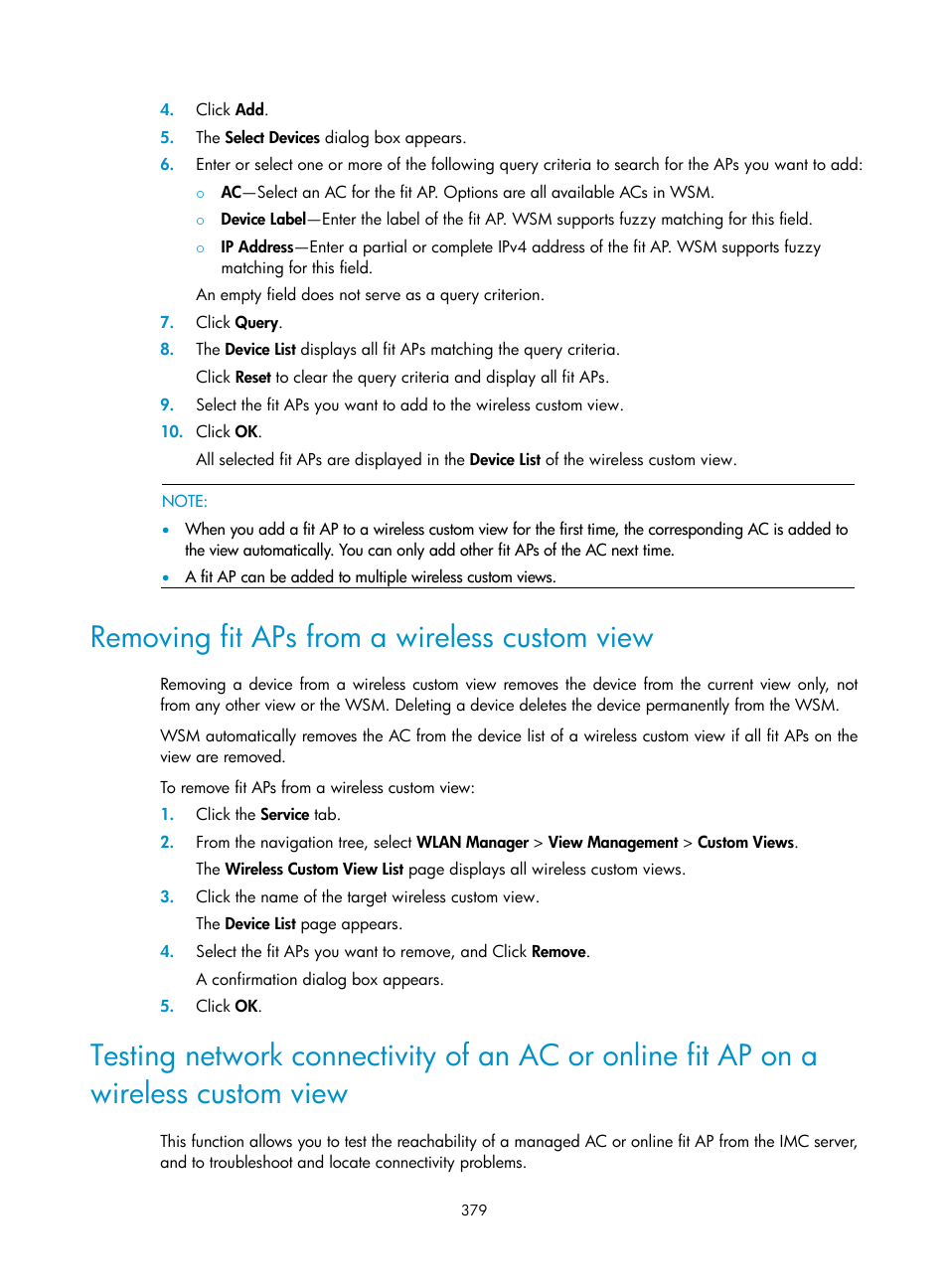 Removing fit aps from a wireless custom view | H3C Technologies H3C Intelligent Management Center User Manual | Page 401 / 751