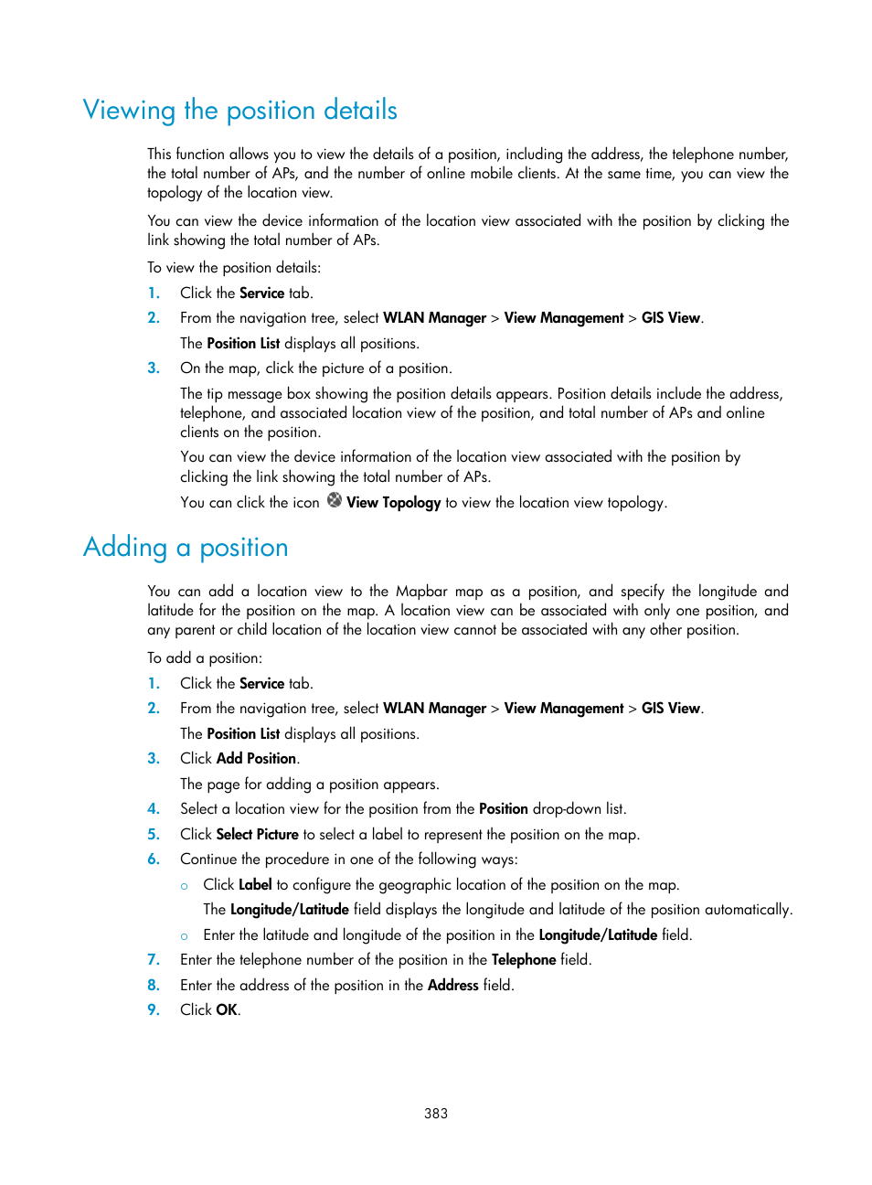 Viewing the position details, Adding a position | H3C Technologies H3C Intelligent Management Center User Manual | Page 405 / 751