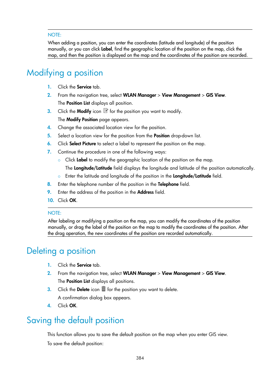 Modifying a position, Deleting a position, Saving the default position | H3C Technologies H3C Intelligent Management Center User Manual | Page 406 / 751