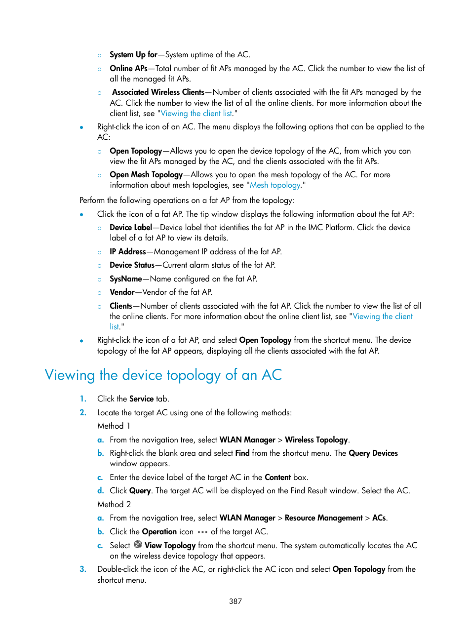 Viewing the device topology of an ac | H3C Technologies H3C Intelligent Management Center User Manual | Page 409 / 751