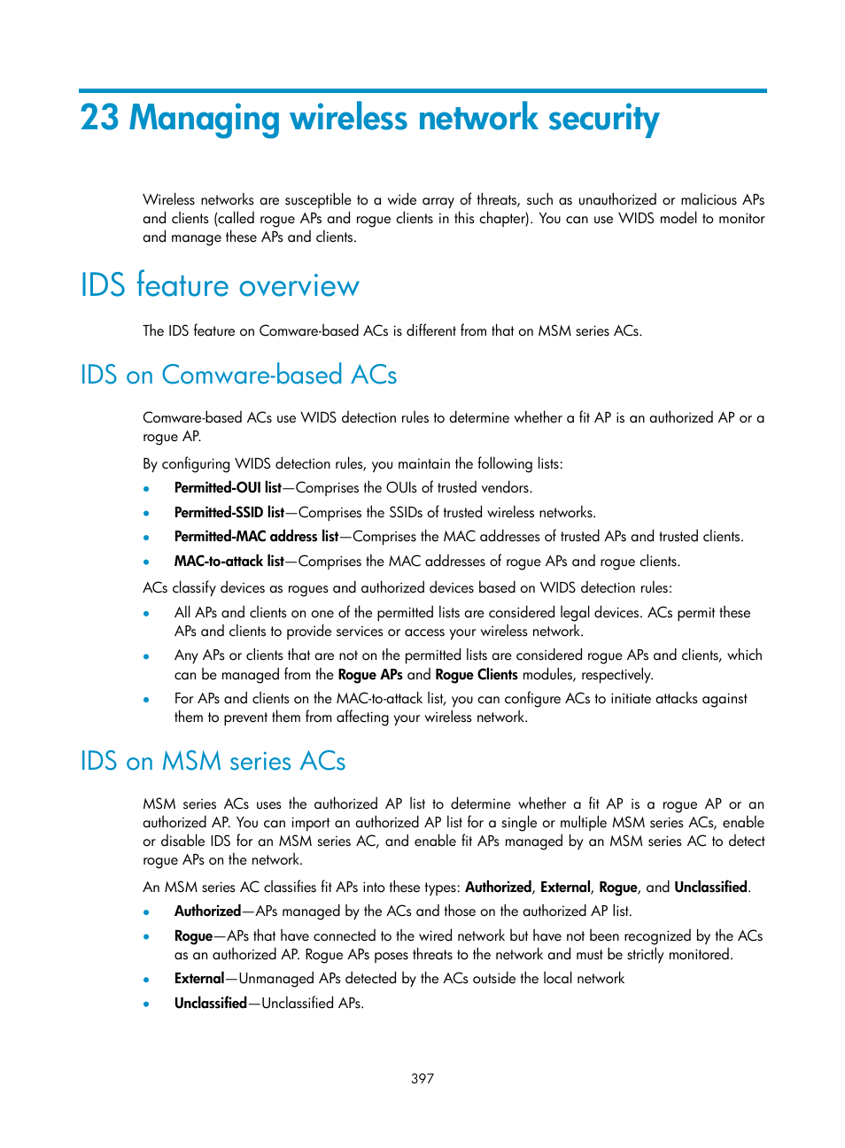 23 managing wireless network security, Ids feature overview, Ids on comware-based acs | Ids on msm series acs | H3C Technologies H3C Intelligent Management Center User Manual | Page 419 / 751