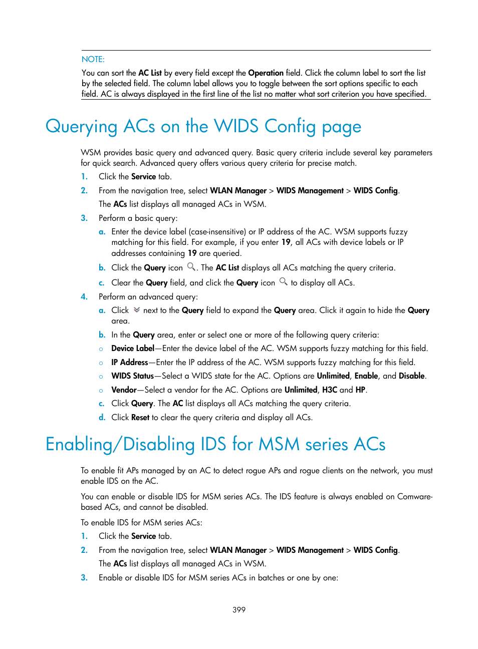 Enabling/disabling ids for msm series acs, Querying acs on the wids config page | H3C Technologies H3C Intelligent Management Center User Manual | Page 421 / 751