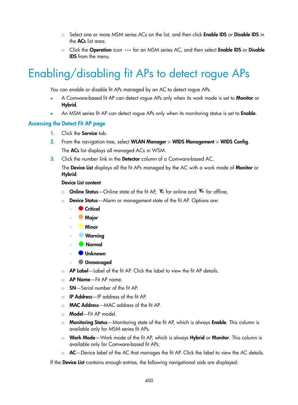 Enabling/disabling fit aps to detect rogue aps | H3C Technologies H3C Intelligent Management Center User Manual | Page 422 / 751