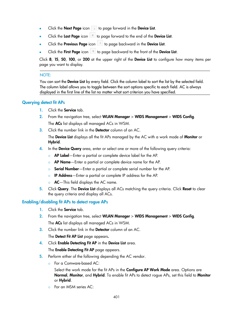 Querying detect fit aps, Enabling/disabling fit aps to detect rogue aps | H3C Technologies H3C Intelligent Management Center User Manual | Page 423 / 751