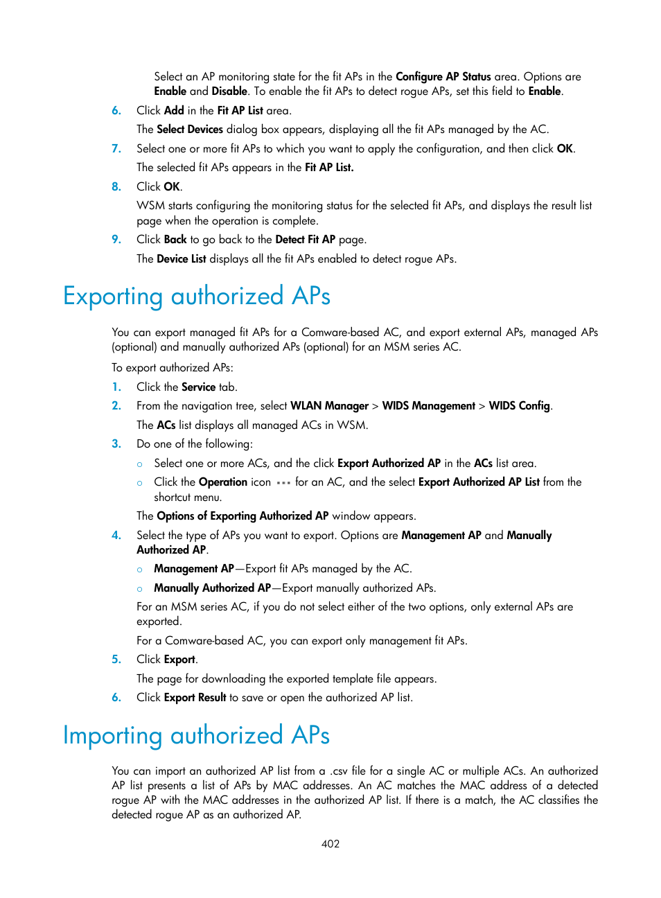 Exporting authorized aps, Importing authorized aps | H3C Technologies H3C Intelligent Management Center User Manual | Page 424 / 751