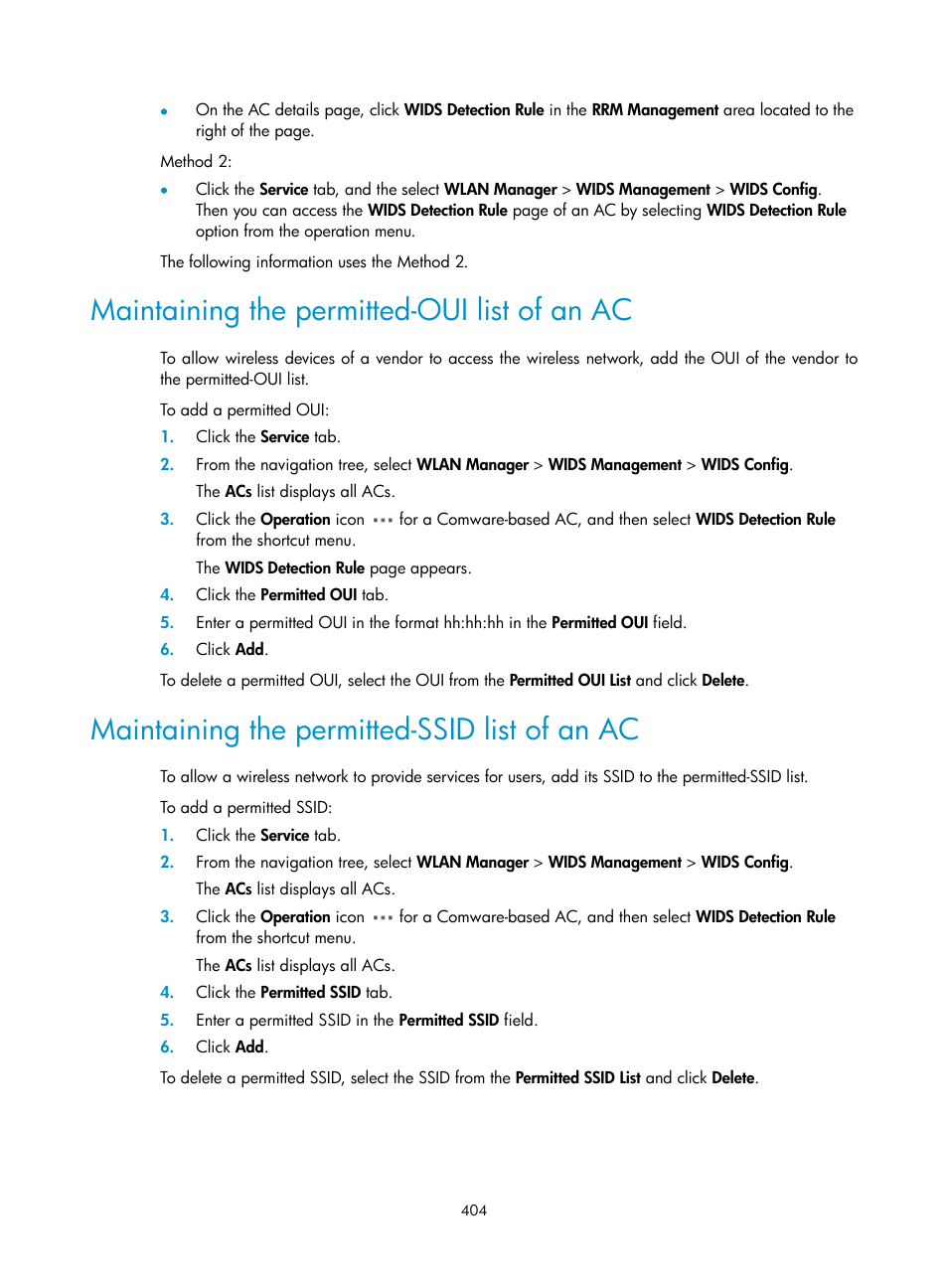 Maintaining the permitted-oui list of an ac, Maintaining the permitted-ssid list of an ac | H3C Technologies H3C Intelligent Management Center User Manual | Page 426 / 751