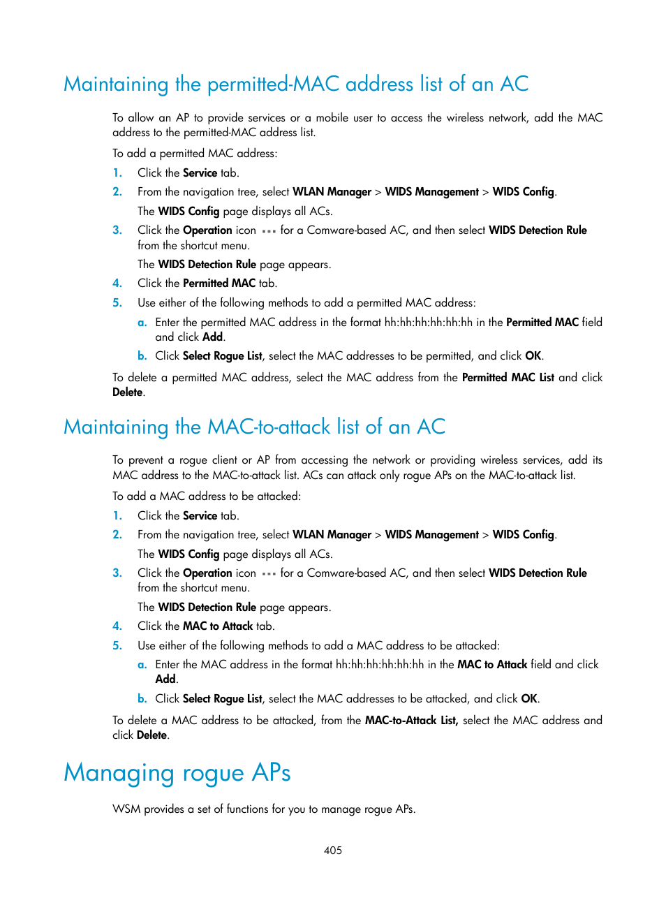 Maintaining the mac-to-attack list of an ac, Managing rogue aps | H3C Technologies H3C Intelligent Management Center User Manual | Page 427 / 751