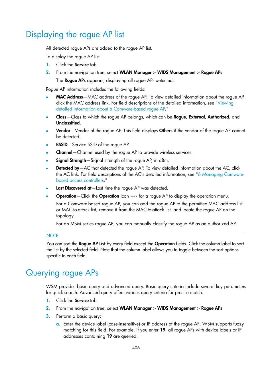 Displaying the rogue ap list, Querying rogue aps | H3C Technologies H3C Intelligent Management Center User Manual | Page 428 / 751