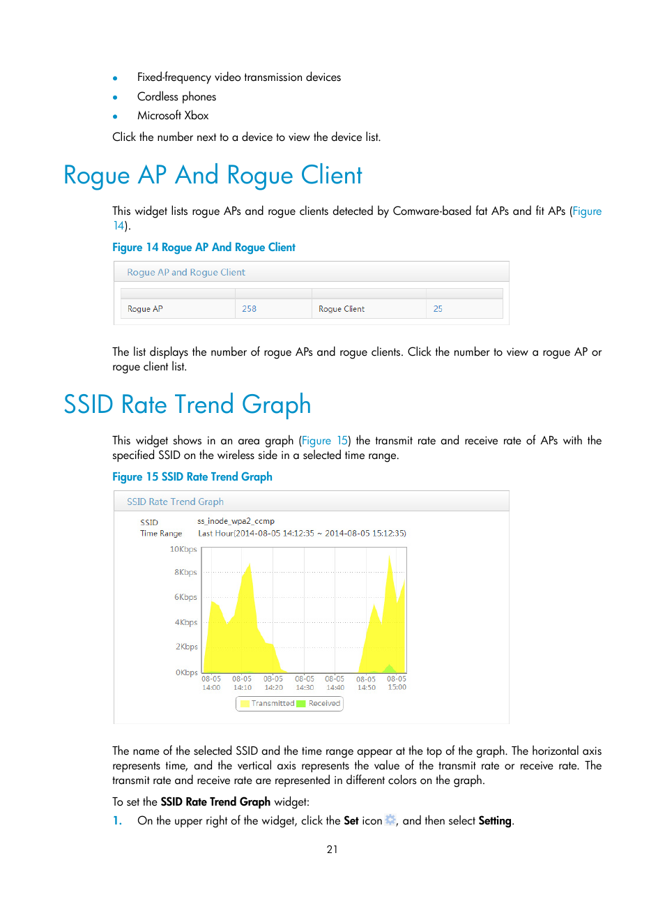 Rogue ap and rogue client, Ssid rate trend graph | H3C Technologies H3C Intelligent Management Center User Manual | Page 43 / 751