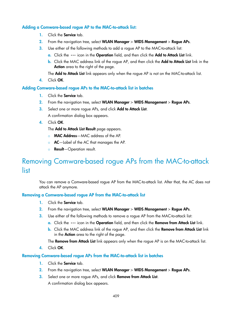 Removing comware-based rogue aps from the mac, To-attack list | H3C Technologies H3C Intelligent Management Center User Manual | Page 431 / 751