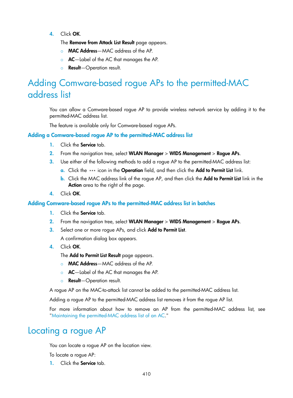 Locating a rogue ap, Adding comware-based rogue aps to the permitted, Mac address list | H3C Technologies H3C Intelligent Management Center User Manual | Page 432 / 751