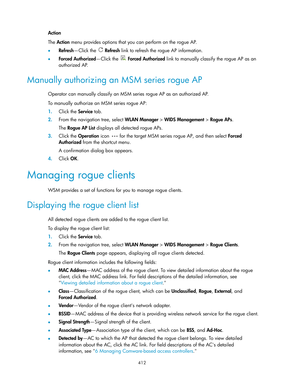 Manually authorizing an msm series rogue ap, Managing rogue clients, Displaying the rogue client list | H3C Technologies H3C Intelligent Management Center User Manual | Page 434 / 751