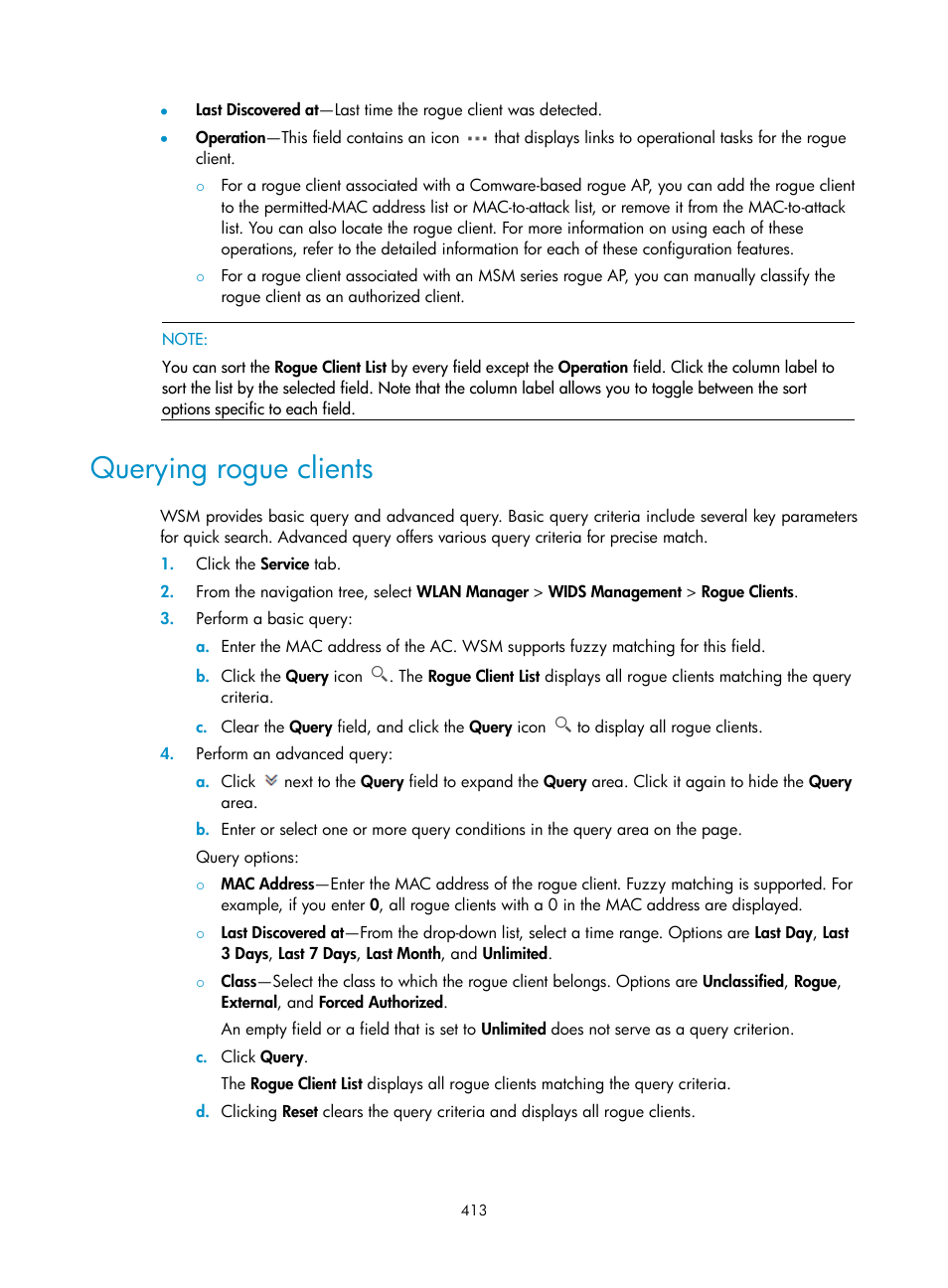 Querying rogue clients | H3C Technologies H3C Intelligent Management Center User Manual | Page 435 / 751