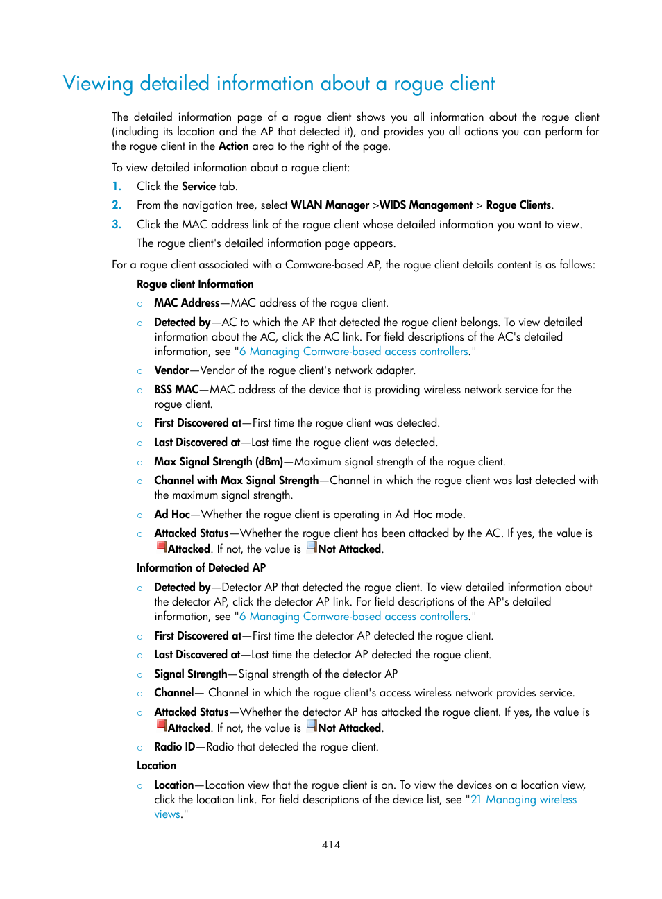 Viewing detailed information about a rogue client, Viewing, Detailed information about a rogue client | H3C Technologies H3C Intelligent Management Center User Manual | Page 436 / 751