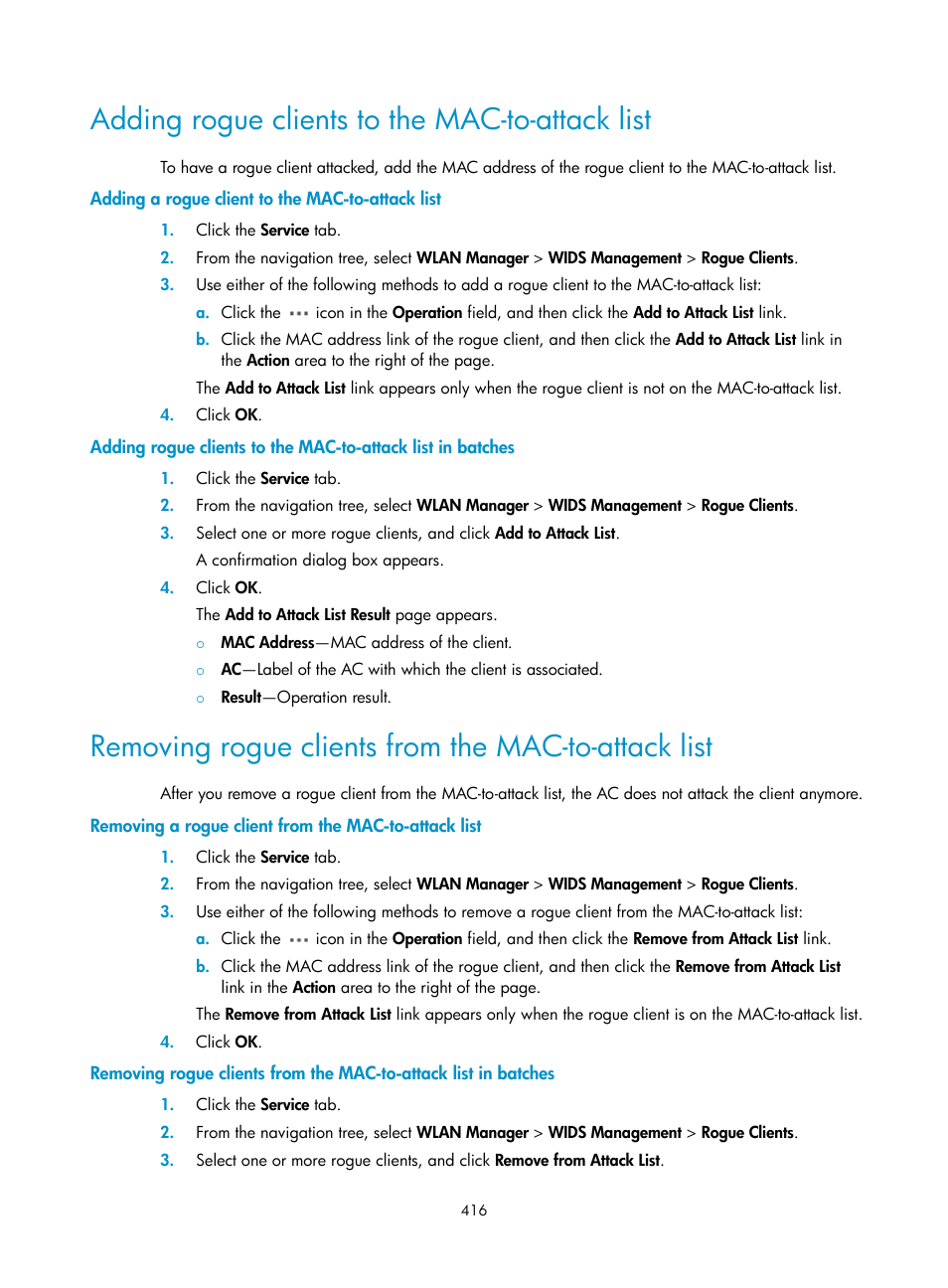 Adding rogue clients to the mac-to-attack list, Adding a rogue client to the mac-to-attack list, Removing rogue clients from the mac-to-attack list | H3C Technologies H3C Intelligent Management Center User Manual | Page 438 / 751