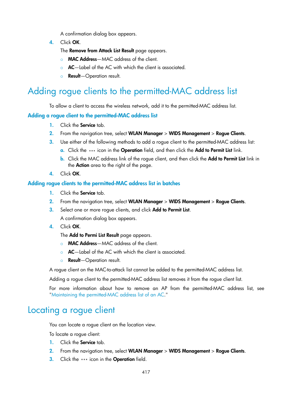 Locating a rogue client, Adding rogue clients to the permitted-mac address, List | H3C Technologies H3C Intelligent Management Center User Manual | Page 439 / 751