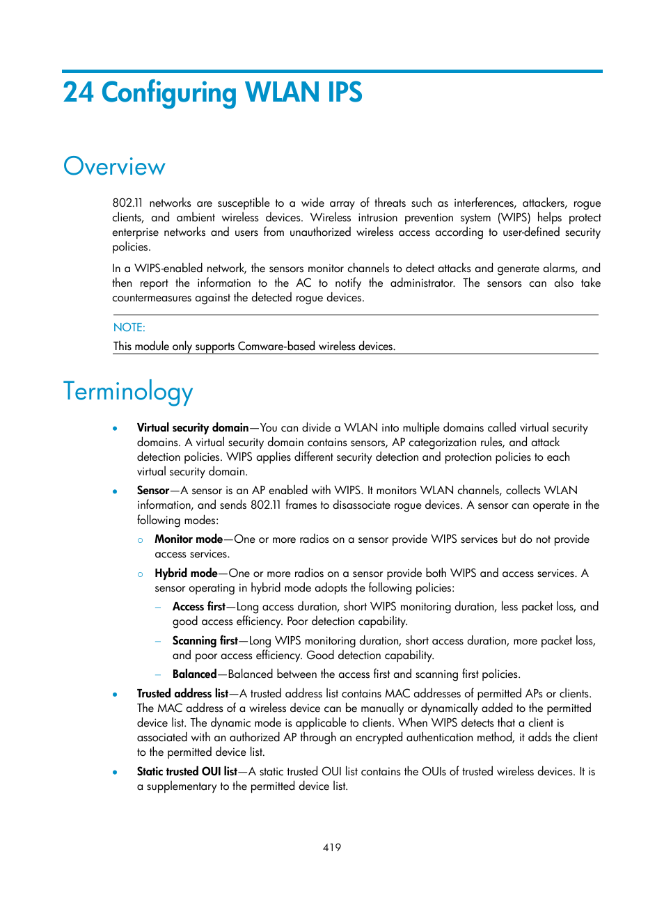 24 configuring wlan ips, Overview, Terminology | H3C Technologies H3C Intelligent Management Center User Manual | Page 441 / 751