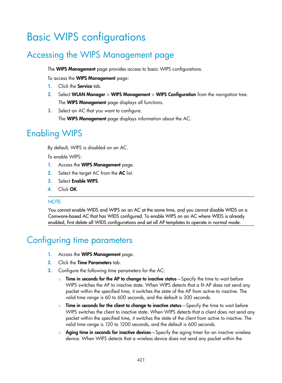 Basic wips configurations, Enabling wips, Configuring time parameters | Accessing the wips management page | H3C Technologies H3C Intelligent Management Center User Manual | Page 443 / 751