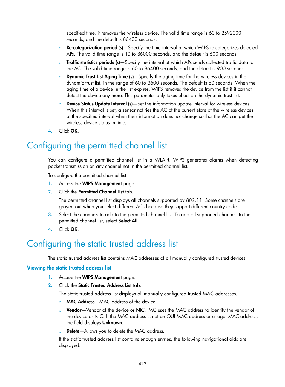 Configuring the permitted channel list, Configuring the static trusted address list, Viewing the static trusted address list | H3C Technologies H3C Intelligent Management Center User Manual | Page 444 / 751