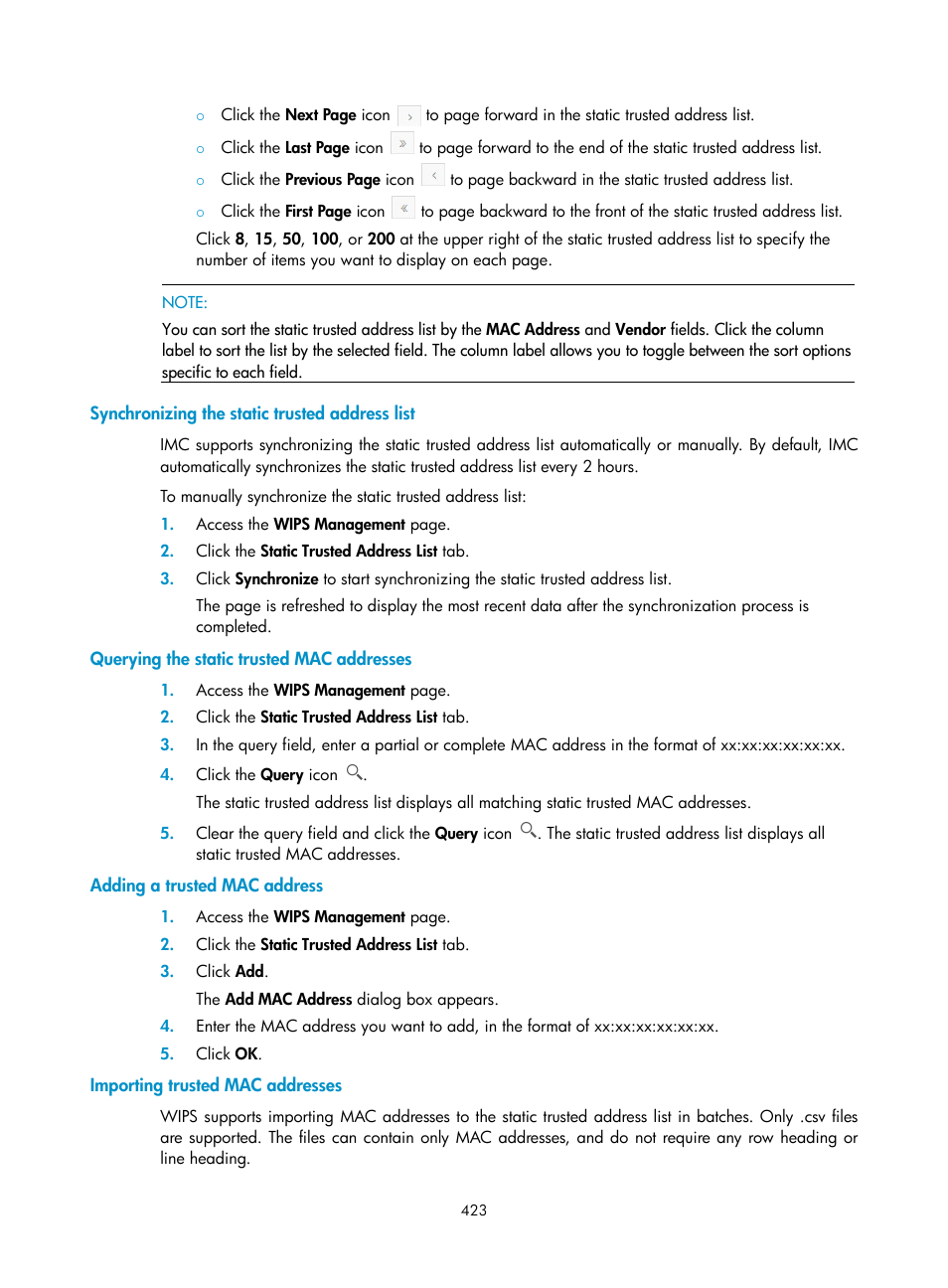 Synchronizing the static trusted address list, Querying the static trusted mac addresses, Adding a trusted mac address | Importing trusted mac addresses | H3C Technologies H3C Intelligent Management Center User Manual | Page 445 / 751