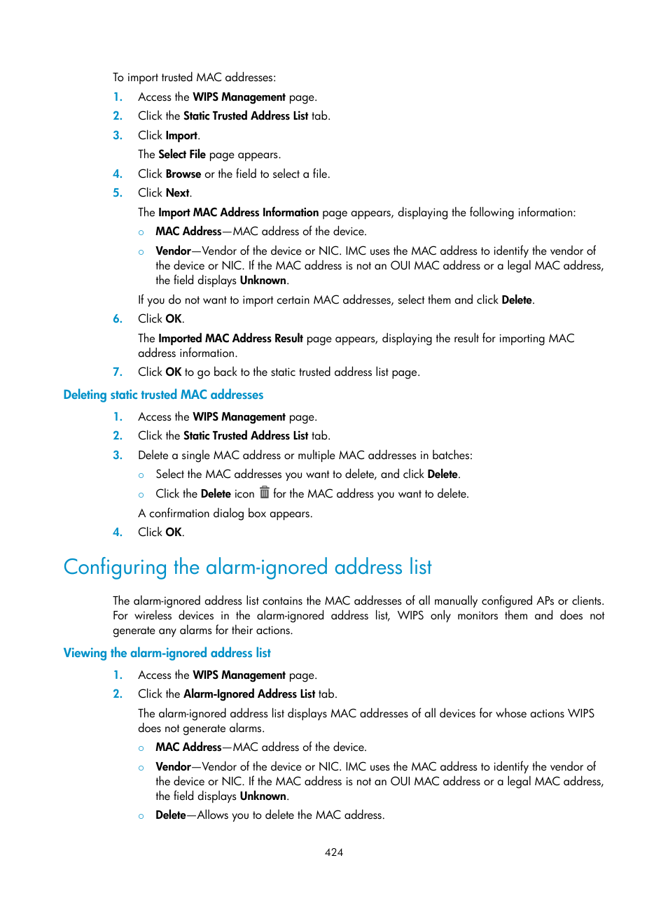 Deleting static trusted mac addresses, Configuring the alarm-ignored address list, Viewing the alarm-ignored address list | H3C Technologies H3C Intelligent Management Center User Manual | Page 446 / 751