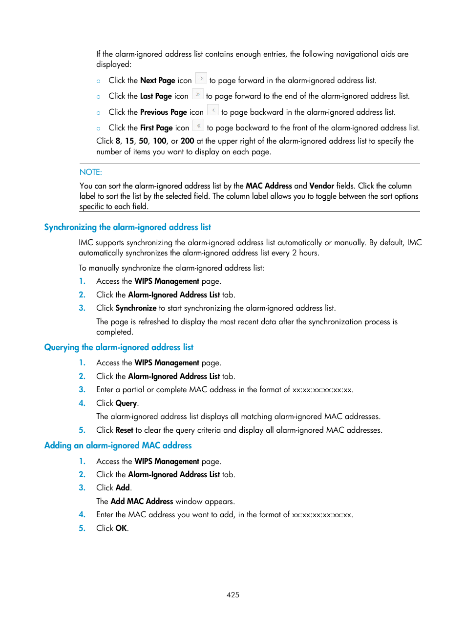 Synchronizing the alarm-ignored address list, Querying the alarm-ignored address list, Adding an alarm-ignored mac address | H3C Technologies H3C Intelligent Management Center User Manual | Page 447 / 751