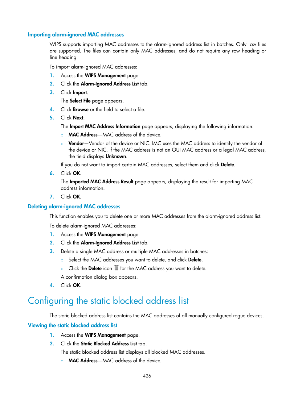 Importing alarm-ignored mac addresses, Deleting alarm-ignored mac addresses, Configuring the static blocked address list | Viewing the static blocked address list | H3C Technologies H3C Intelligent Management Center User Manual | Page 448 / 751