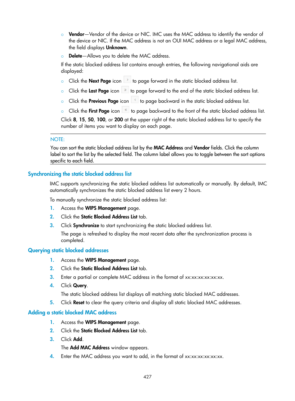 Synchronizing the static blocked address list, Querying static blocked addresses, Adding a static blocked mac address | H3C Technologies H3C Intelligent Management Center User Manual | Page 449 / 751