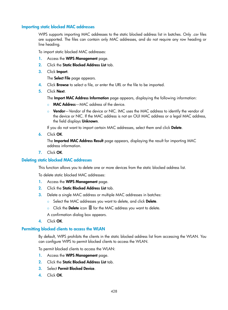 Importing static blocked mac addresses, Deleting static blocked mac addresses, Permitting blocked clients to access the wlan | H3C Technologies H3C Intelligent Management Center User Manual | Page 450 / 751