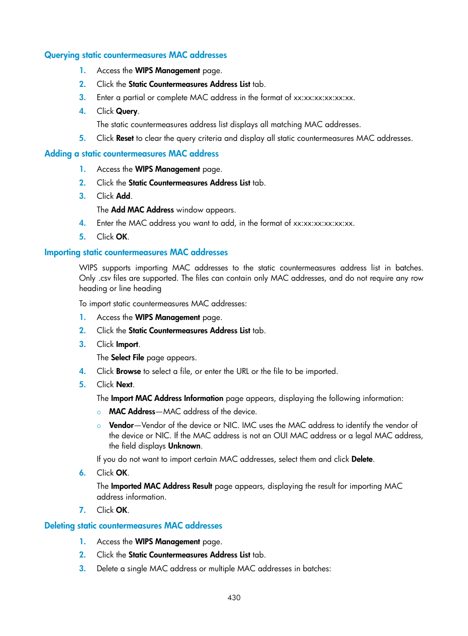 Querying static countermeasures mac addresses, Adding a static countermeasures mac address, Importing static countermeasures mac addresses | Deleting static countermeasures mac addresses | H3C Technologies H3C Intelligent Management Center User Manual | Page 452 / 751