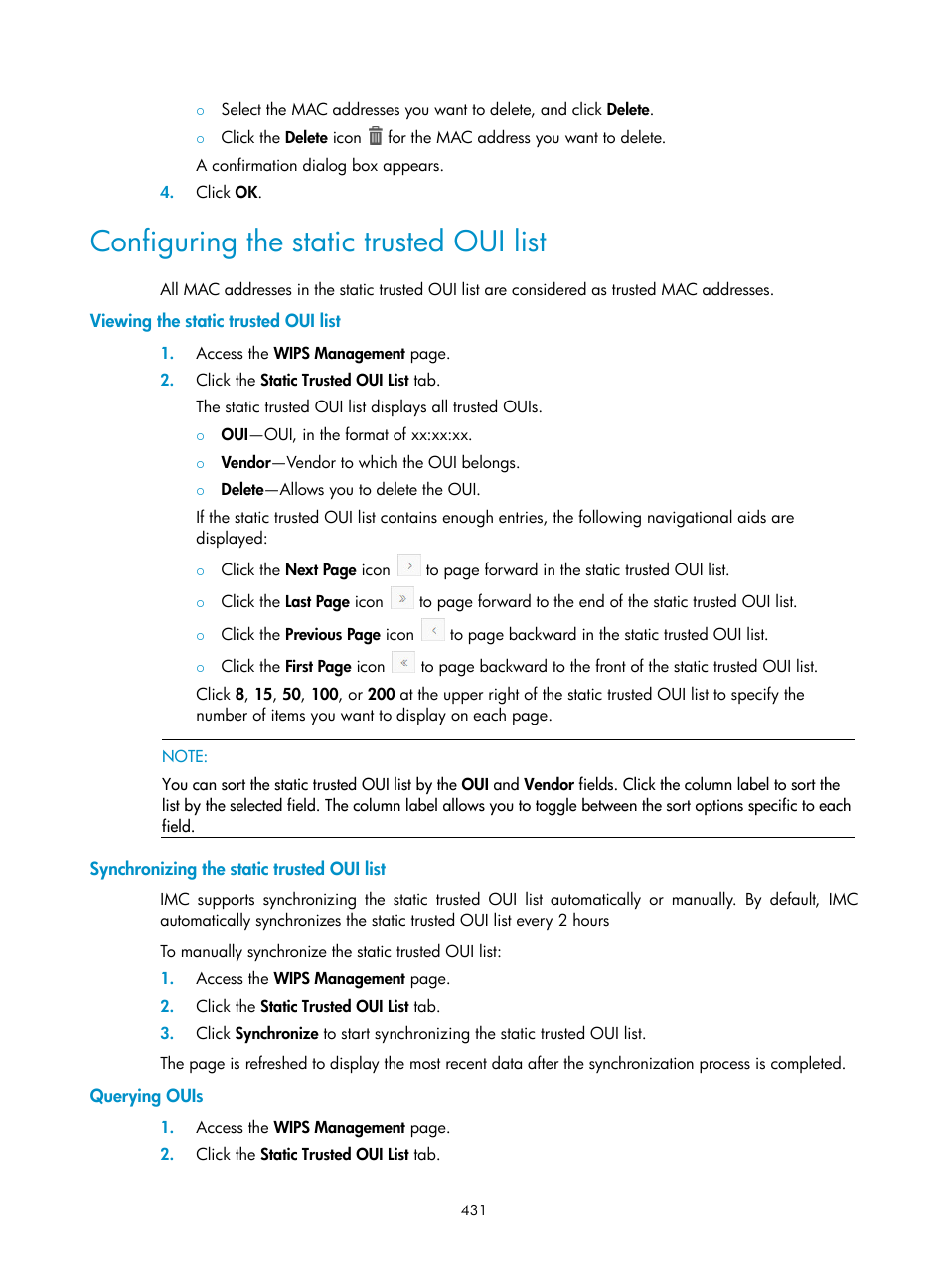 Configuring the static trusted oui list, Viewing the static trusted oui list, Synchronizing the static trusted oui list | Querying ouis | H3C Technologies H3C Intelligent Management Center User Manual | Page 453 / 751