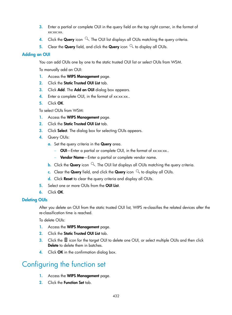 Adding an oui, Deleting ouis, Configuring the function set | H3C Technologies H3C Intelligent Management Center User Manual | Page 454 / 751