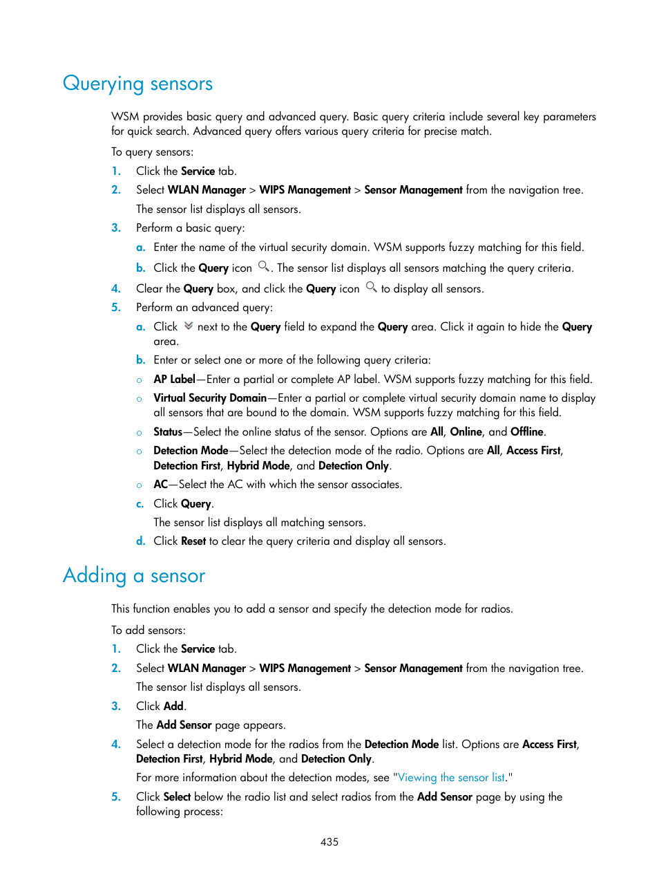 Querying sensors, Adding a sensor | H3C Technologies H3C Intelligent Management Center User Manual | Page 457 / 751